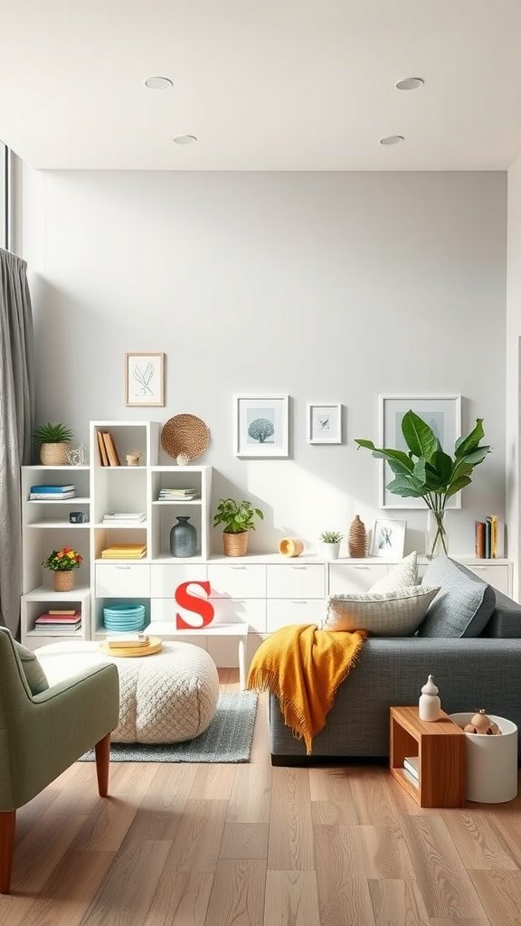 A cozy family-friendly living room featuring grey tones, colorful decor, and a relaxed atmosphere.