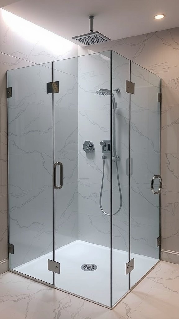 A modern frameless shower with ambient lighting