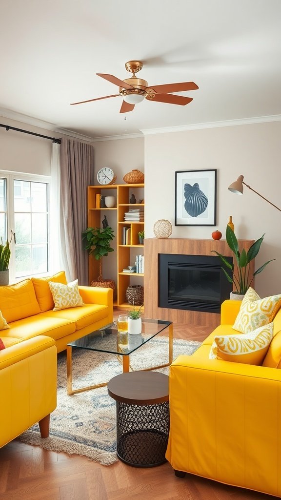 A cozy living room featuring bright yellow sofas, a glass coffee table, and a warm wooden bookshelf.