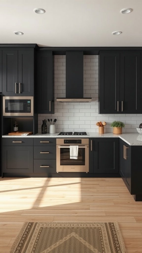 A modern kitchen featuring dark cabinets, a light countertop, and well-arranged appliances.