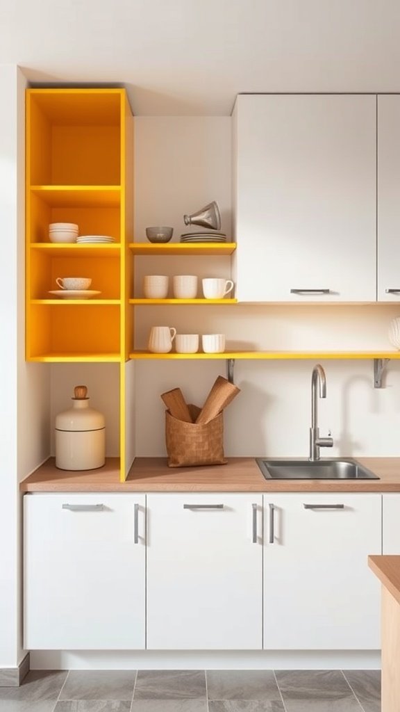 A modern kitchen with bright yellow storage shelves and white cabinets.