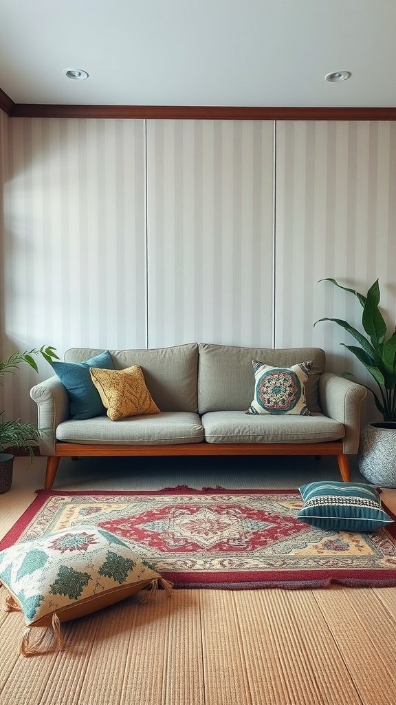 Cozy living room with a gray sofa, colorful cushions, and a patterned rug