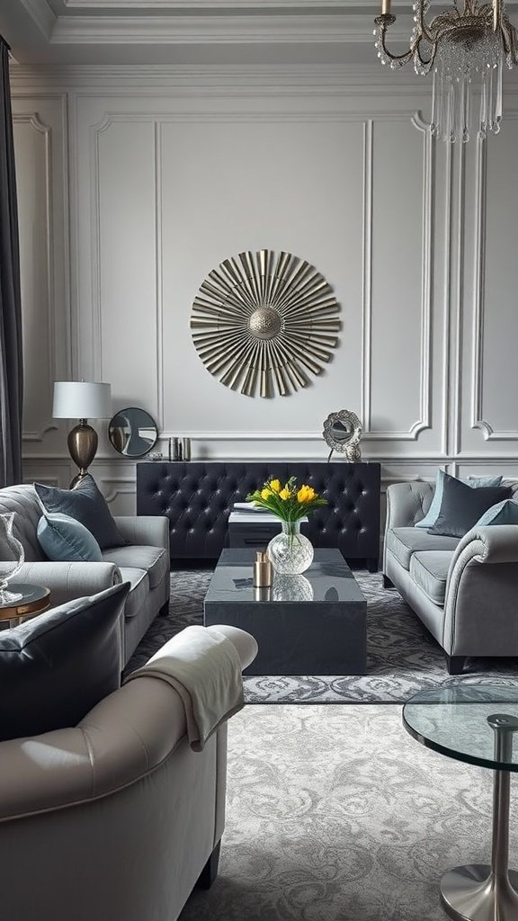 Living room with grey decor featuring plush sofas, a glass coffee table, and glamorous accents.