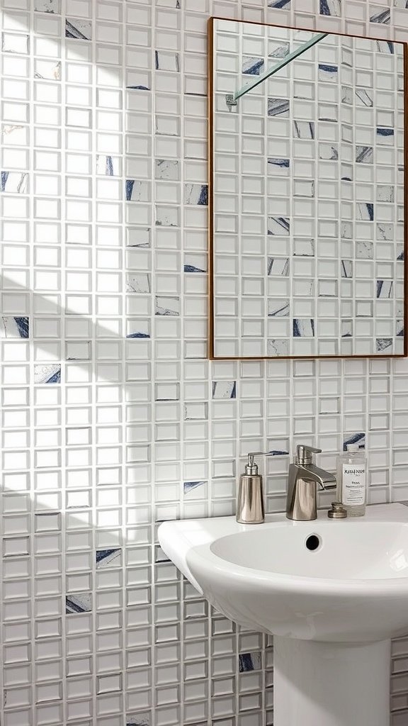 A bathroom featuring a modern glass tile backsplash with a stylish mirror and sink.