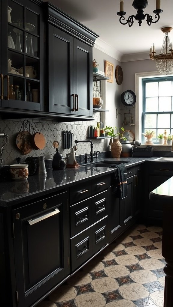 A gothic-inspired kitchen featuring dark cabinetry, ornate lighting, and vintage decor.