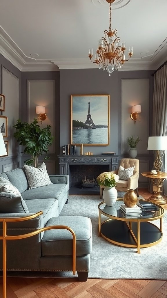 A stylish living room showcasing grey furniture with gold accents, featuring a chandelier, a fireplace, and decorative plants.