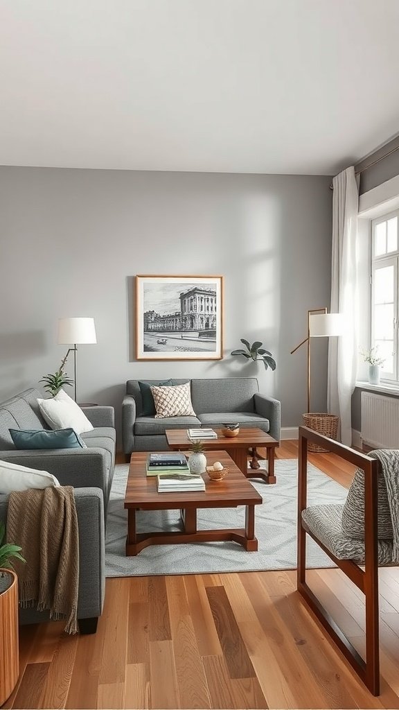 A living room featuring grey walls and wood furniture, showcasing a cozy and modern decor style.