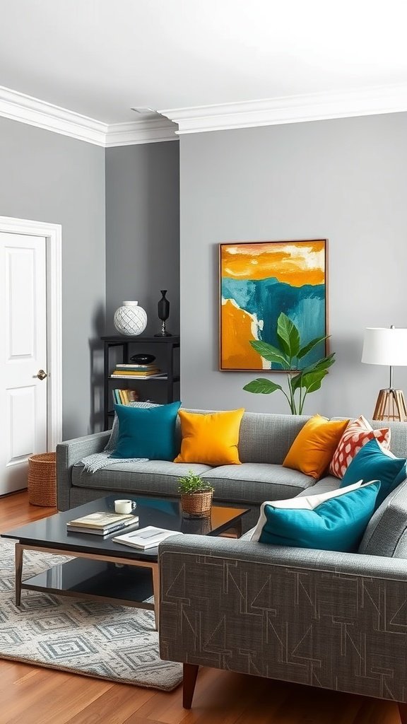 Living room with grey walls and bright colored cushions