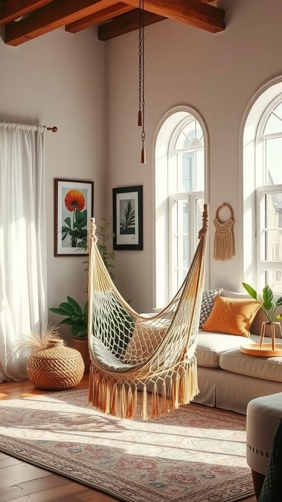 Living room featuring a hammock and swing chair with boho decor