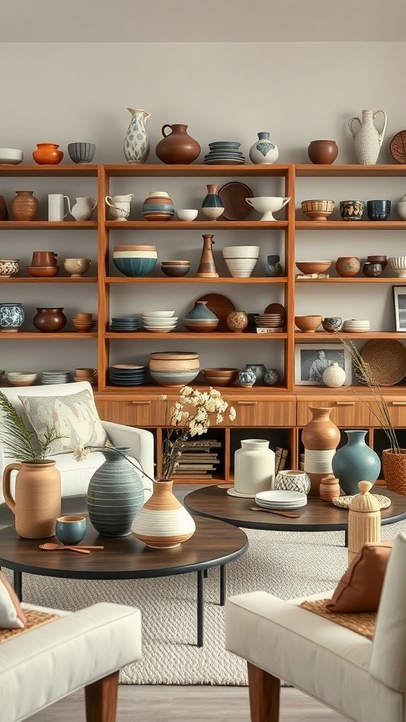 A collection of handmade ceramic pots and vases displayed on a wooden shelf in a bohemian living room.