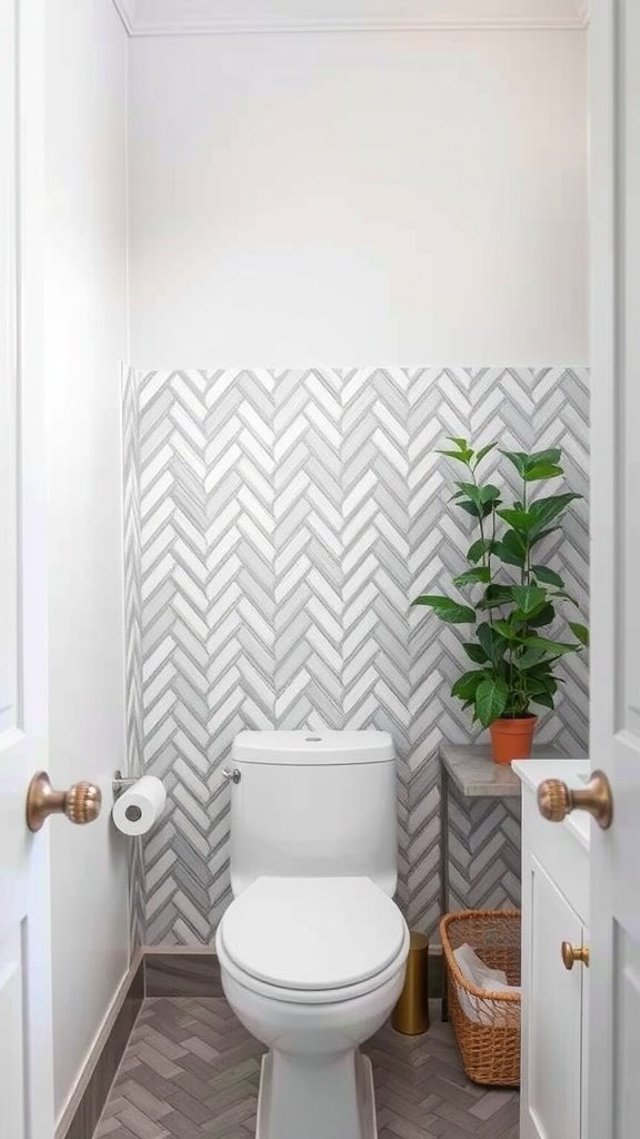 Bathroom with herringbone backsplash in gray tones