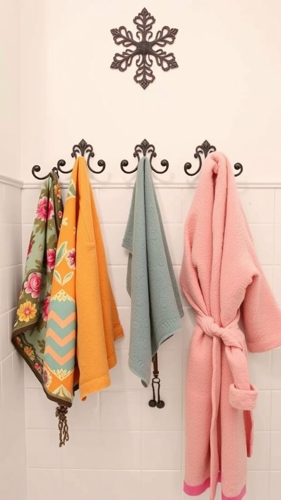 Colorful towels and a robe hanging on decorative hooks