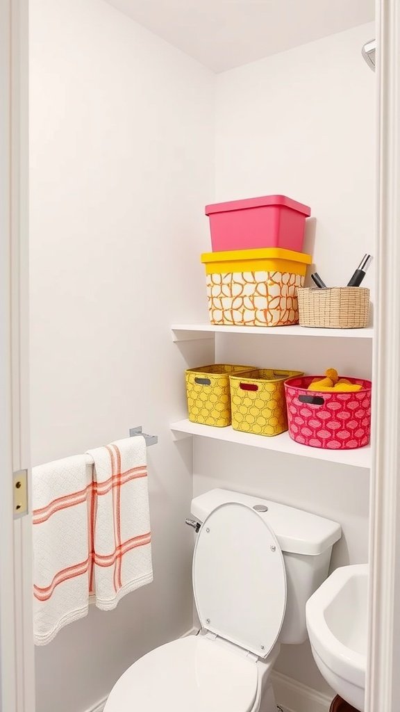 Colorful decorative bins on shelves in a bathroom