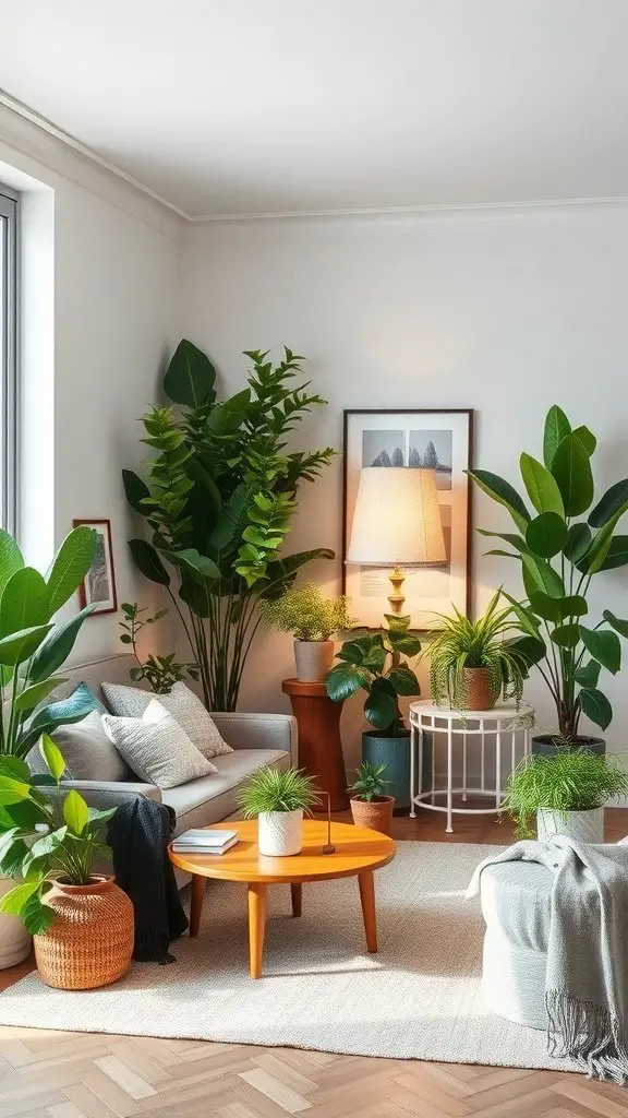 A cozy living room filled with various indoor plants, a comfortable sofa, and warm lighting.