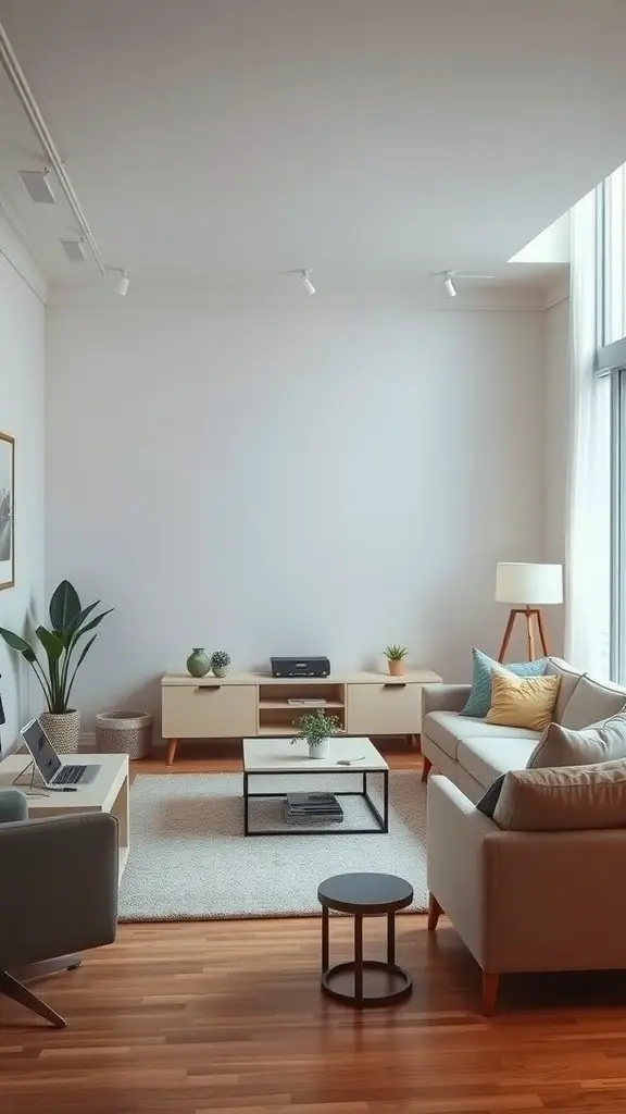 A cozy modern living room with smart technology features