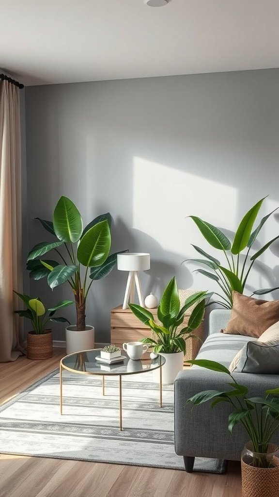 Living room with grey decor featuring indoor plants.