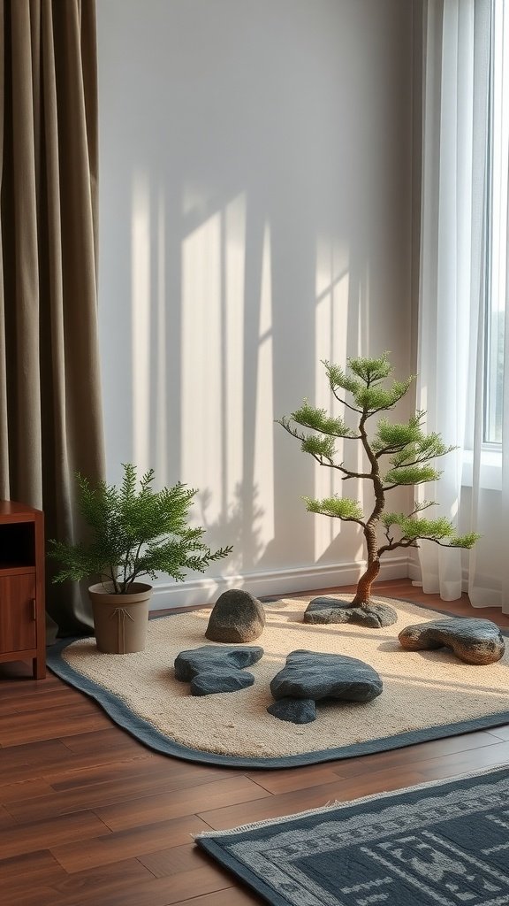 A serene indoor zen garden featuring stones, a bonsai tree, and a soft rug