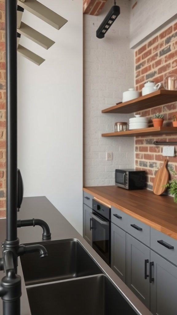 A modern kitchen featuring dark metal elements and industrial design.