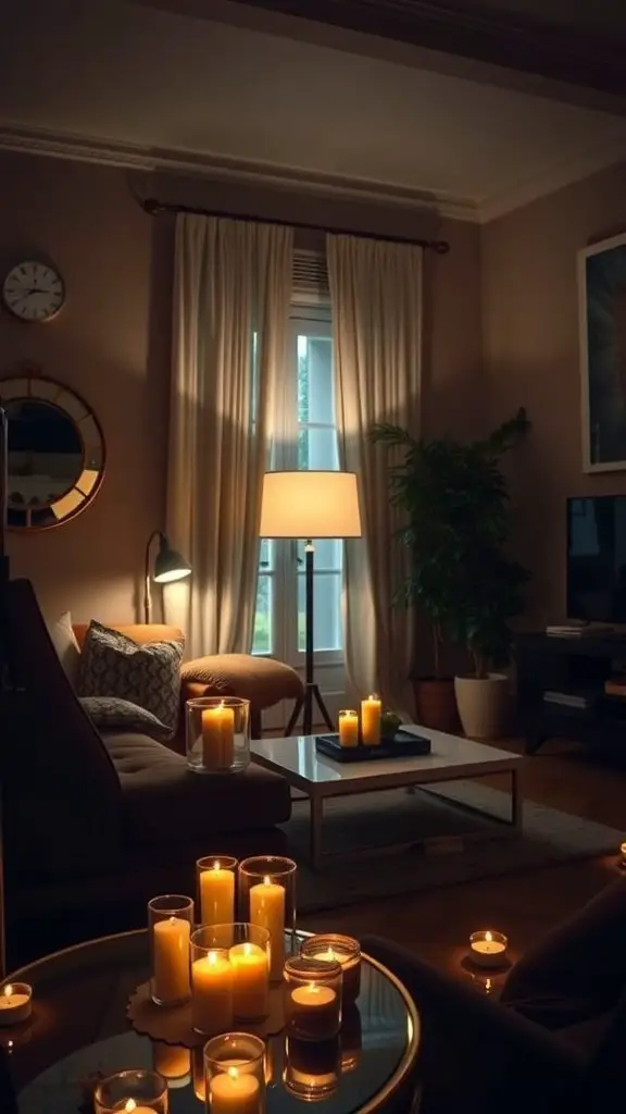 A cozy living room with warm lighting, candles, and soft furnishings.
