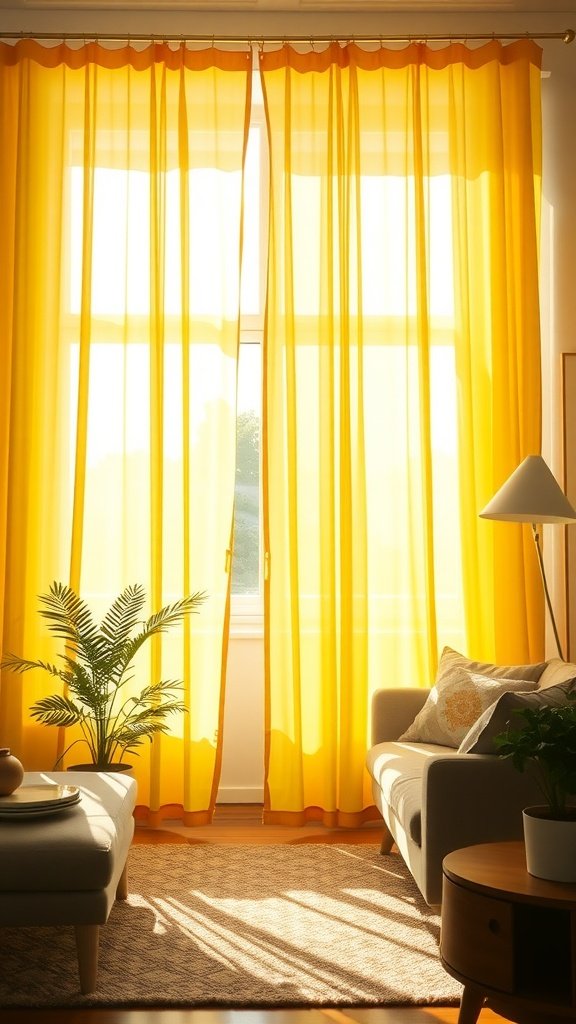 Bright yellow curtains in a cozy living room, allowing natural light to fill the space.