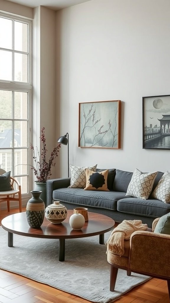 A cozy living room with a modern aesthetic, featuring a comfortable sofa, decorative pillows, and a round coffee table with various vases.