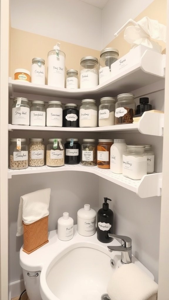 Organized bathroom shelves with labeled jars and containers