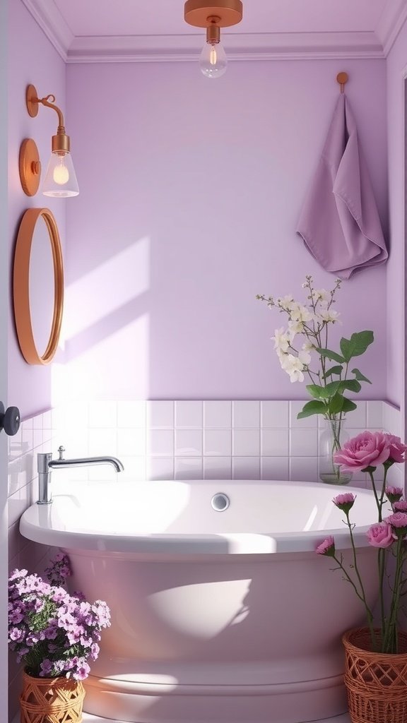 A serene bathroom with lavender walls, a freestanding bathtub, and floral decor.