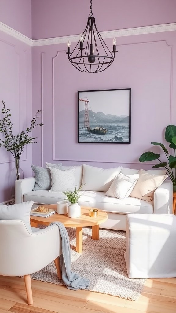 Cozy living room featuring lavender walls, a beige sofa, and a plant.