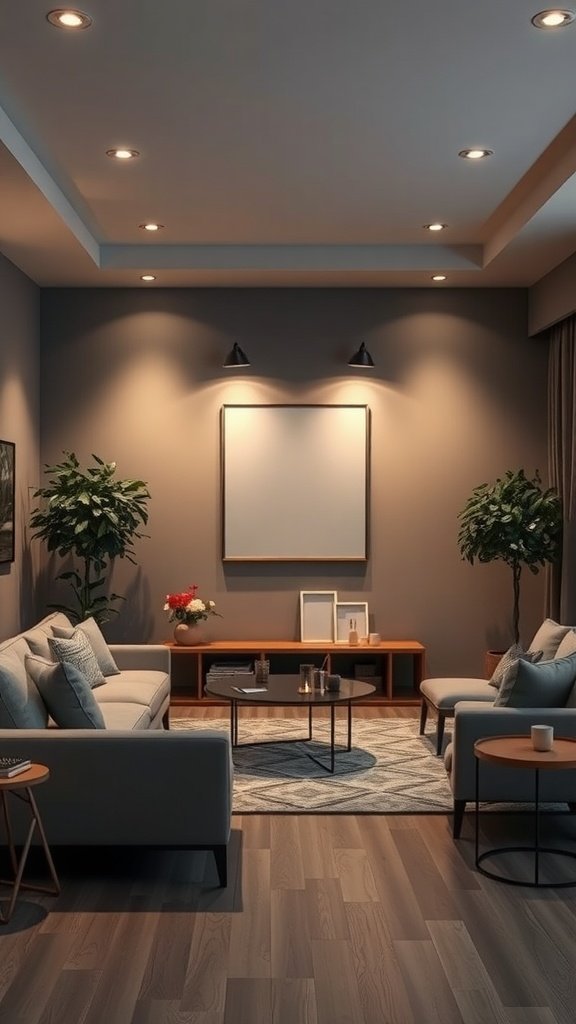 A beautifully lit grey living room showcasing layered lighting with plants and modern furniture.