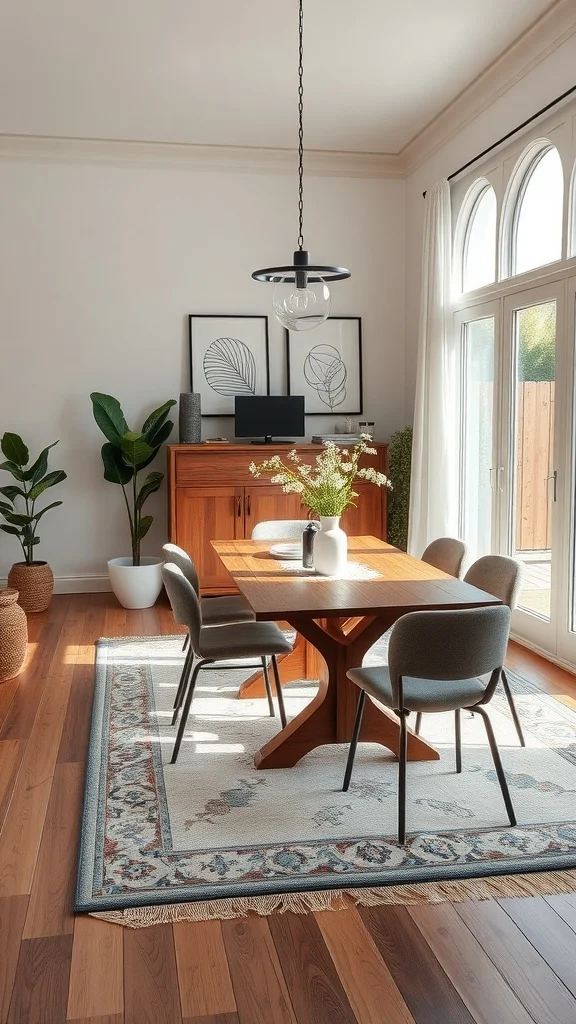 A modern dining room featuring a wooden table, gray chairs, and layered rugs on wooden flooring.