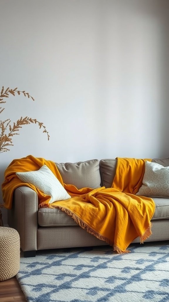 Cozy living room with layered textiles, including an orange blanket and textured cushions on a sofa.