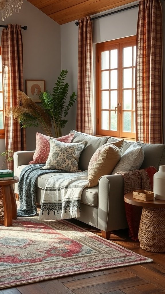 A cozy living room with layered textiles, featuring a comfortable sofa with various pillows and throws, a patterned rug, and natural light coming through the windows.