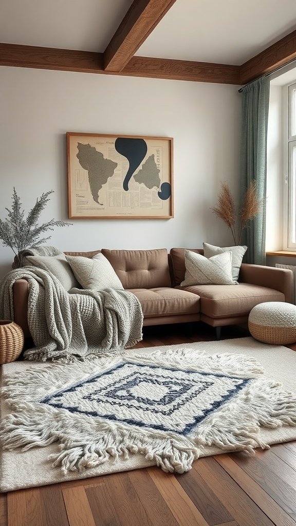 Cozy living room with a brown couch, textured throws, and a decorative rug.