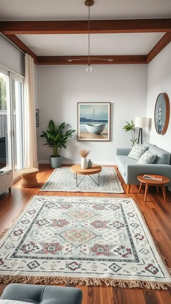 Cozy living room with layered rugs and modern decor
