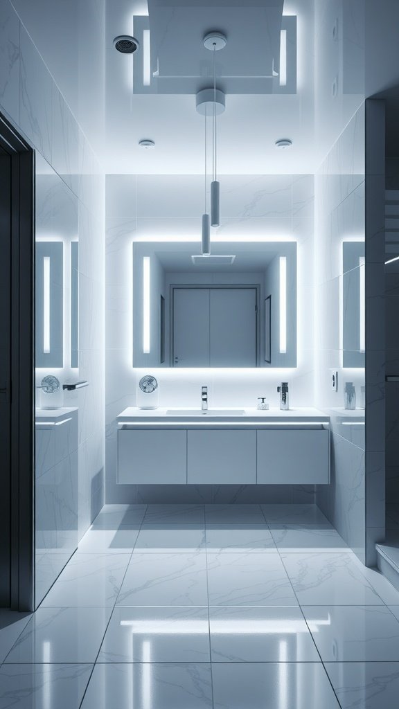 A modern bathroom featuring LED strip lighting with a sleek design.