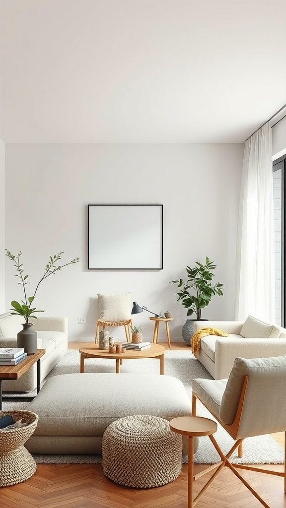 A cozy living room featuring low-profile furniture, plants, and a neutral color palette.