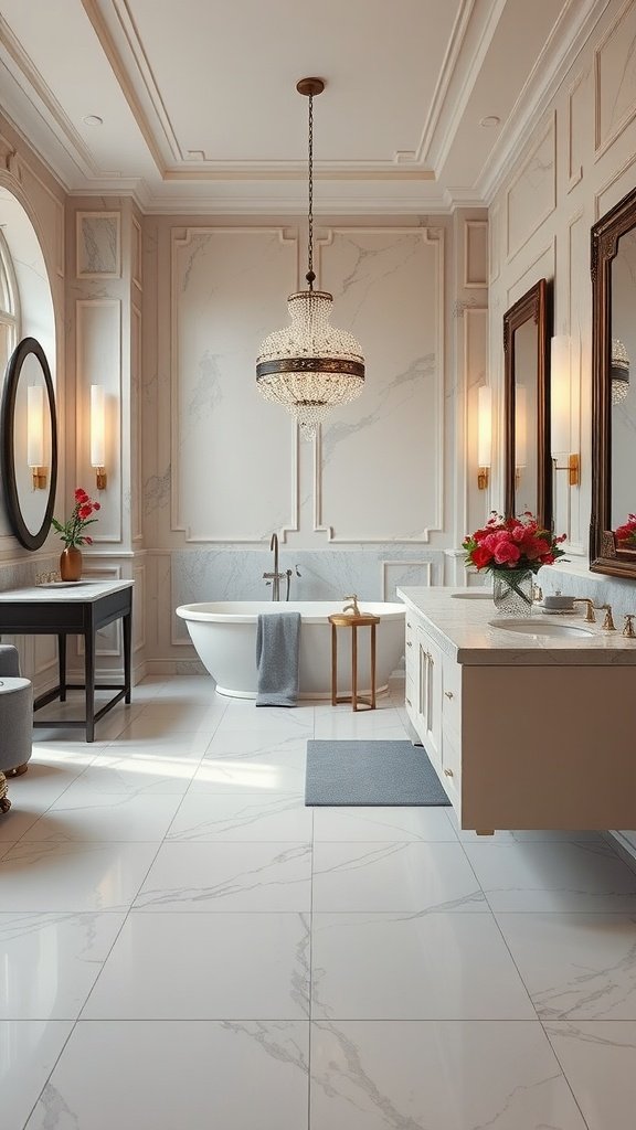 A luxurious bathroom featuring elegant porcelain tiles, a freestanding tub, and sophisticated decor.