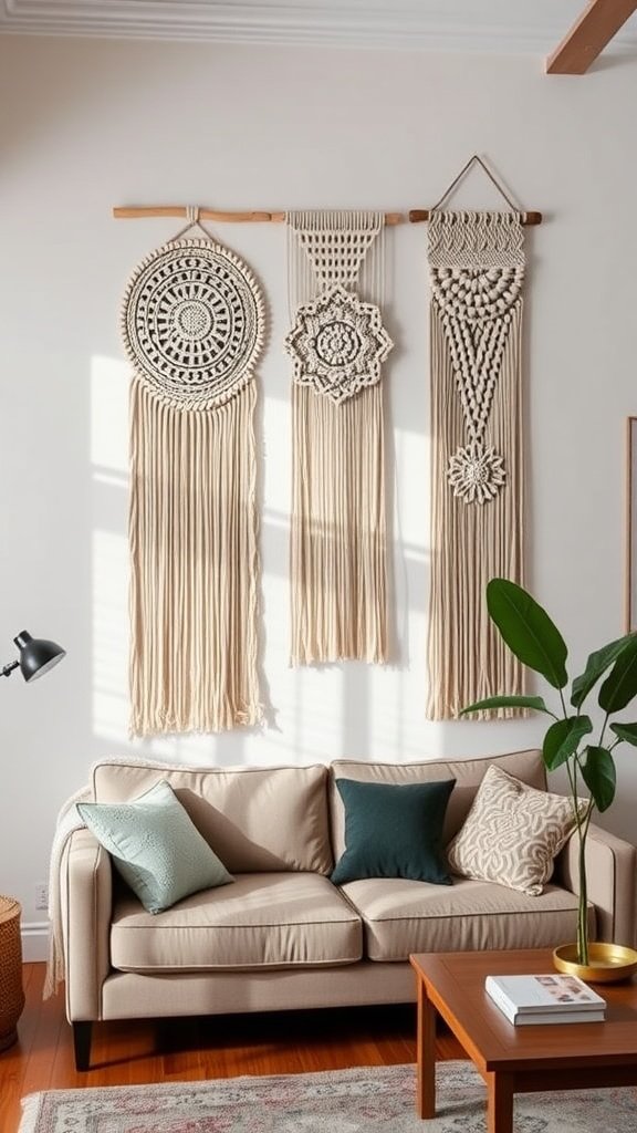 A cozy living room featuring three macramé wall hangings above a beige sofa with colorful pillows.