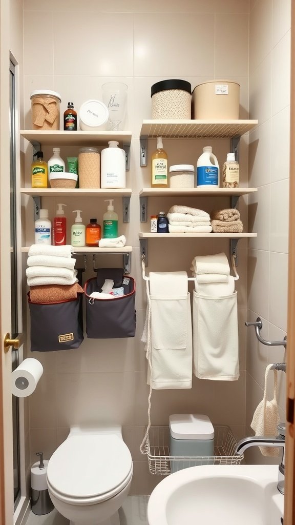 A well-organized bathroom with shelves, baskets, and neatly stacked towels.