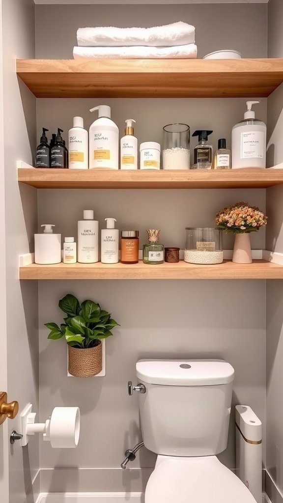 A bathroom with wooden shelves showcasing neatly arranged toiletries and towels.