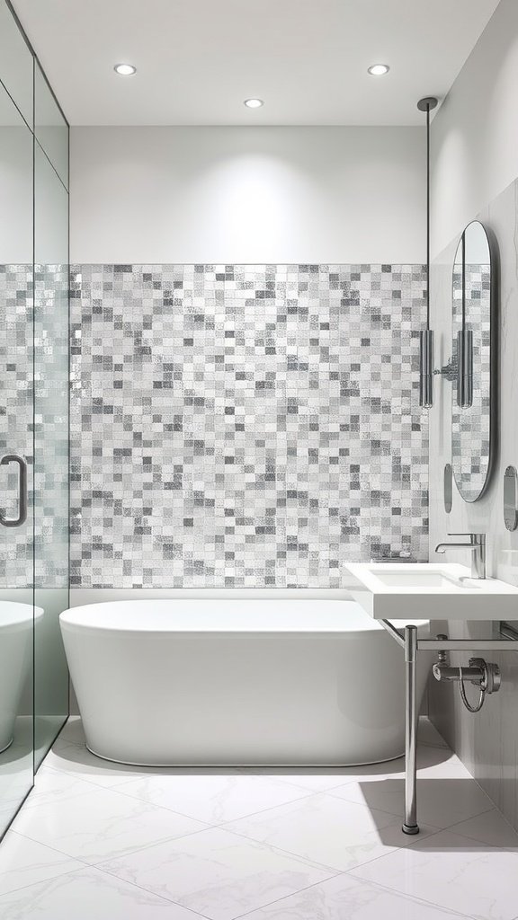 A modern bathroom featuring a sleek, metallic mosaic backsplash, a freestanding bathtub, and minimalistic decor.