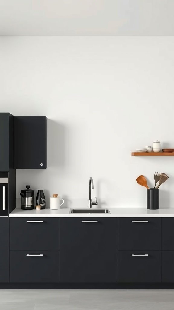 A minimalist dark kitchen with sleek cabinets and a light countertop.