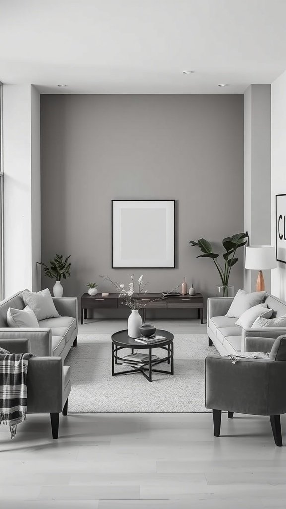 A minimalist grey living room with soft furniture, a round table, and plants.