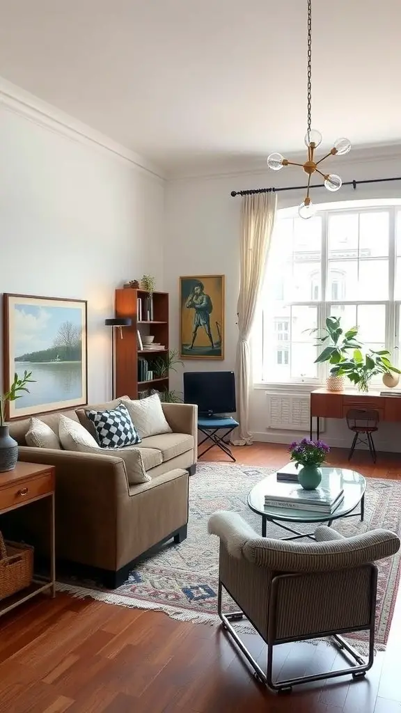 Cozy modern living room with a mix of vintage and contemporary furniture