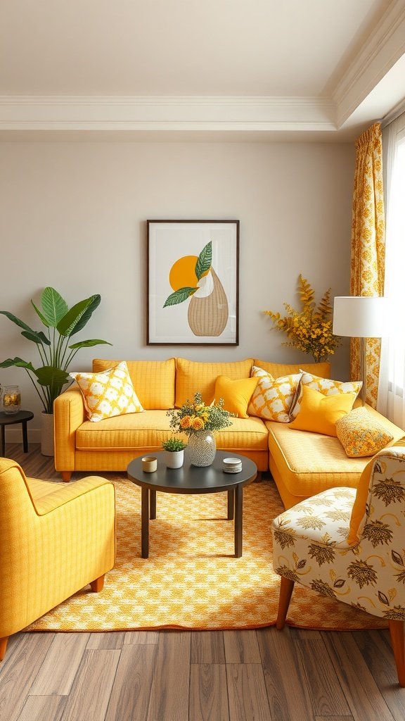 Cozy living room featuring yellow decor with mixed patterns