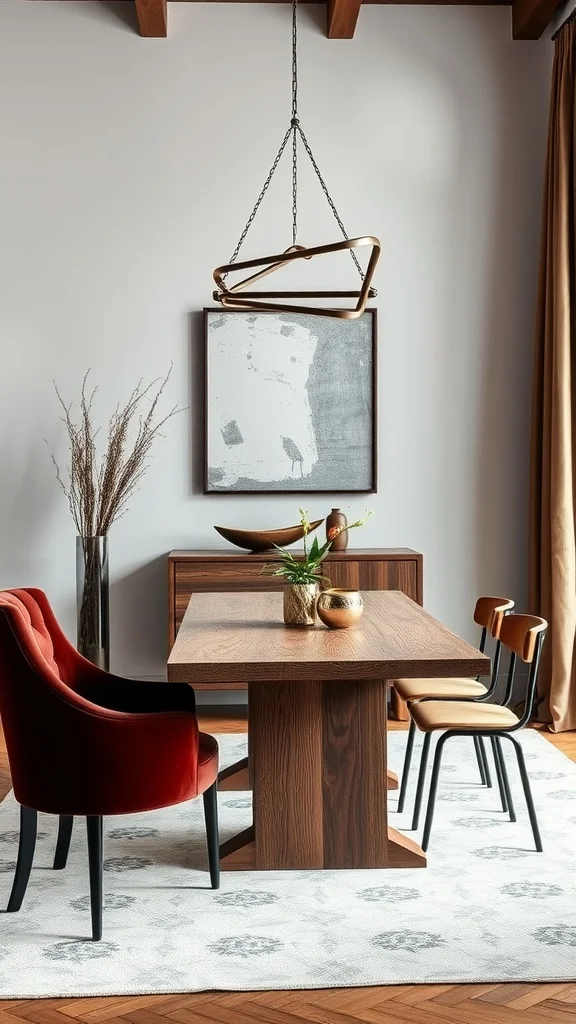 A modern dining room featuring velvet chairs, a wooden table, and decorative elements.