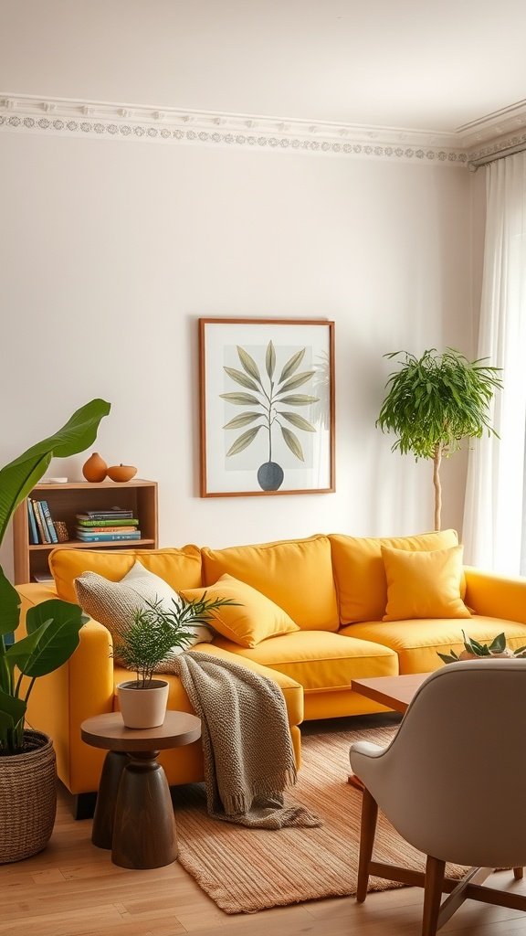 Cozy living room featuring a yellow sofa, earthy tones, and plants.