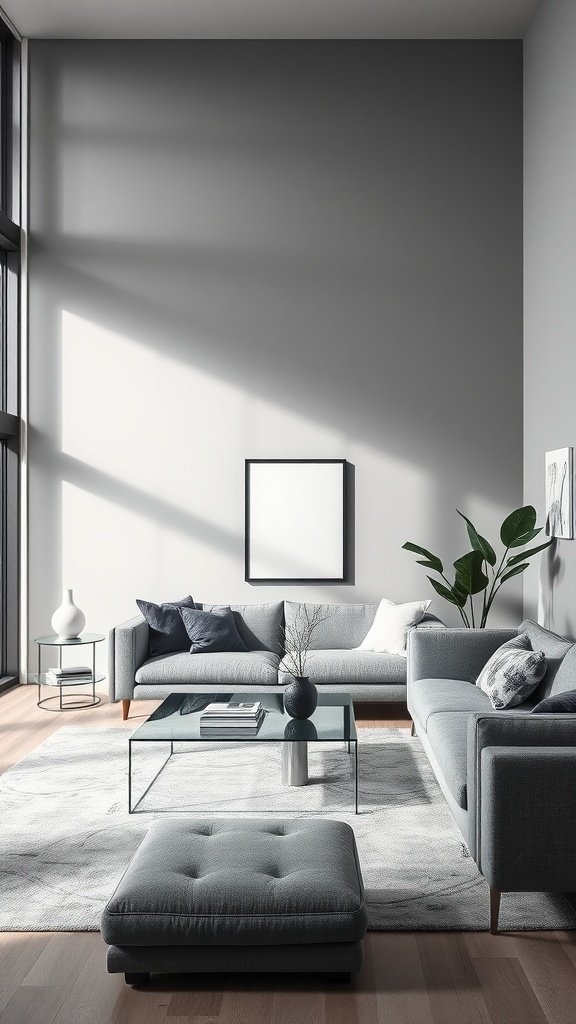 A modern living room featuring grey sofas, a glass coffee table, and natural light streaming in through large windows.