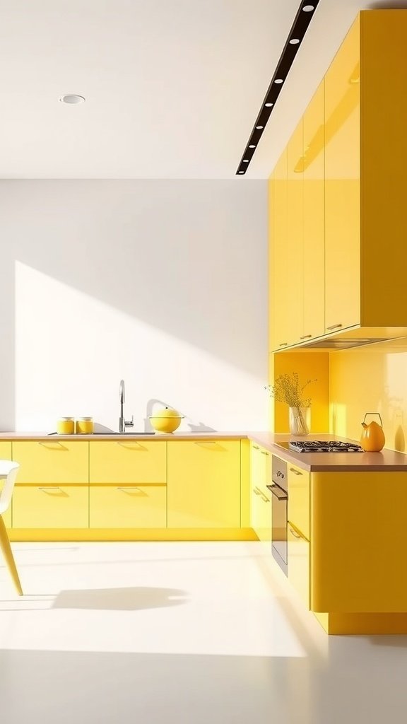 A bright and cheerful modern minimalist yellow kitchen with glossy cabinets.