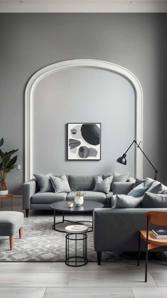 Stylish living room featuring a monochromatic grey palette with modern furniture and decor.